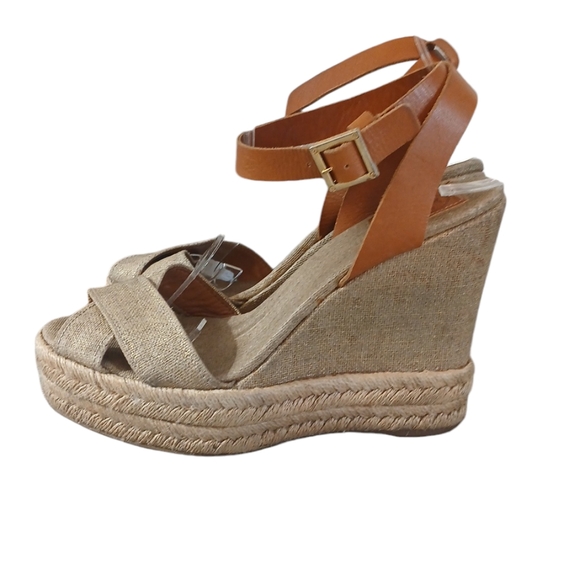 Tory Burch Gold/Brown Platform Canvas Bima Espadrille Wedge Sandals size 9 - Picture 6 of 12